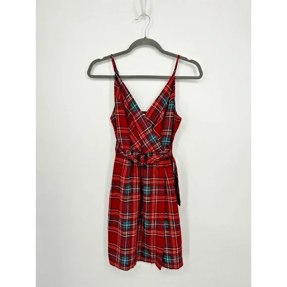 Urban Outfitters Dress Womens XS Red Plaid Sleeveless Mini Belted New - Picture 3 of 13